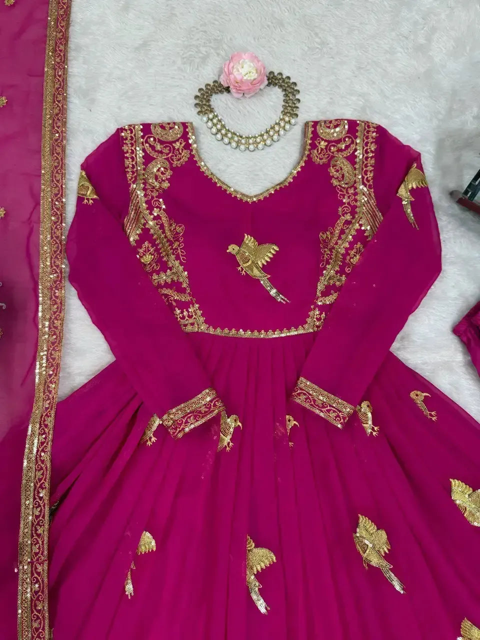 Faux Georgette Embroidered Gown Set with Pant & Dupatta