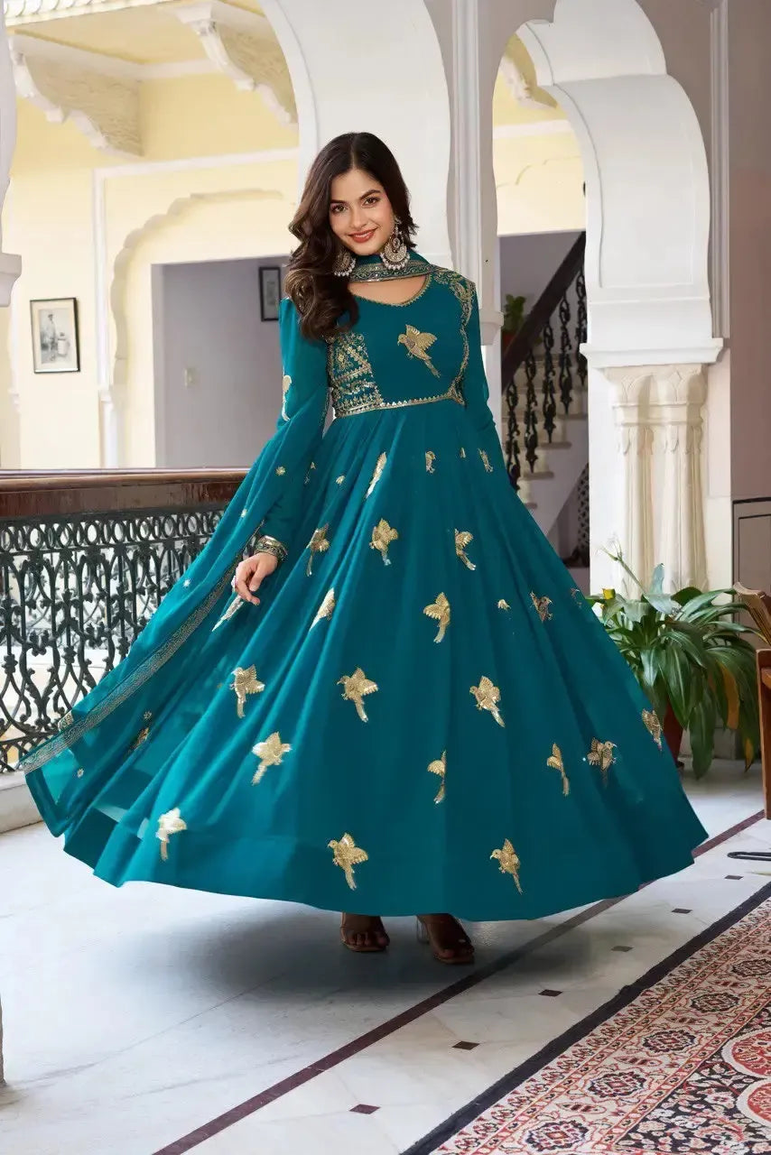 Faux Georgette Embroidered Gown Set with Pant & Dupatta
