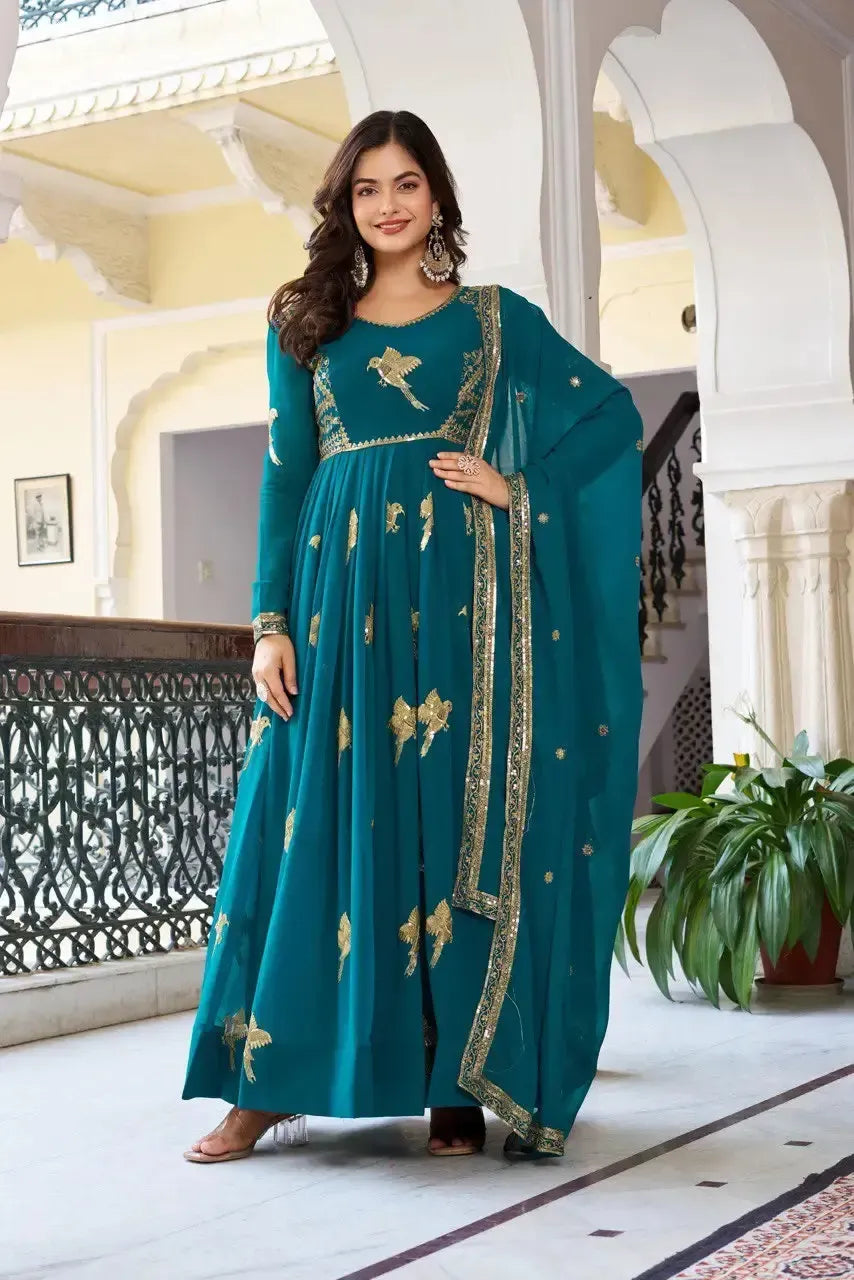Faux Georgette Embroidered Gown Set with Pant & Dupatta