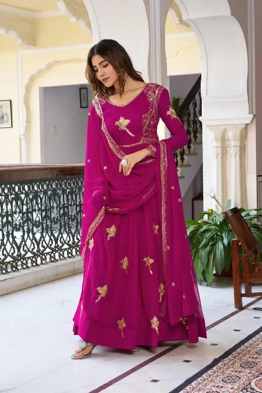 Faux Georgette Embroidered Gown Set with Pant & Dupatta