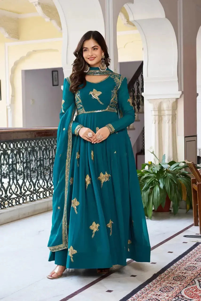 Faux Georgette Embroidered Gown Set with Pant & Dupatta