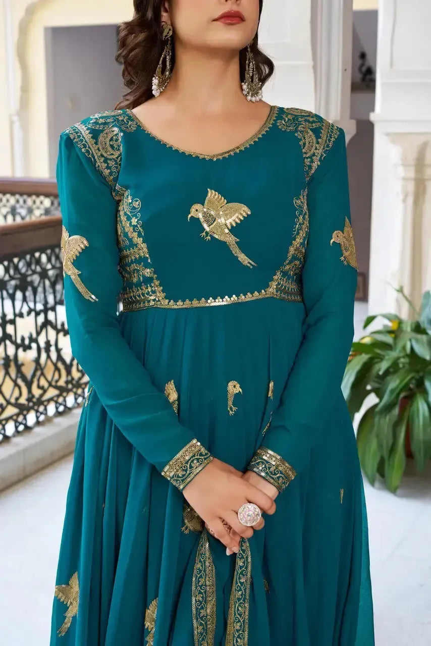 Faux Georgette Embroidered Gown Set with Pant & Dupatta