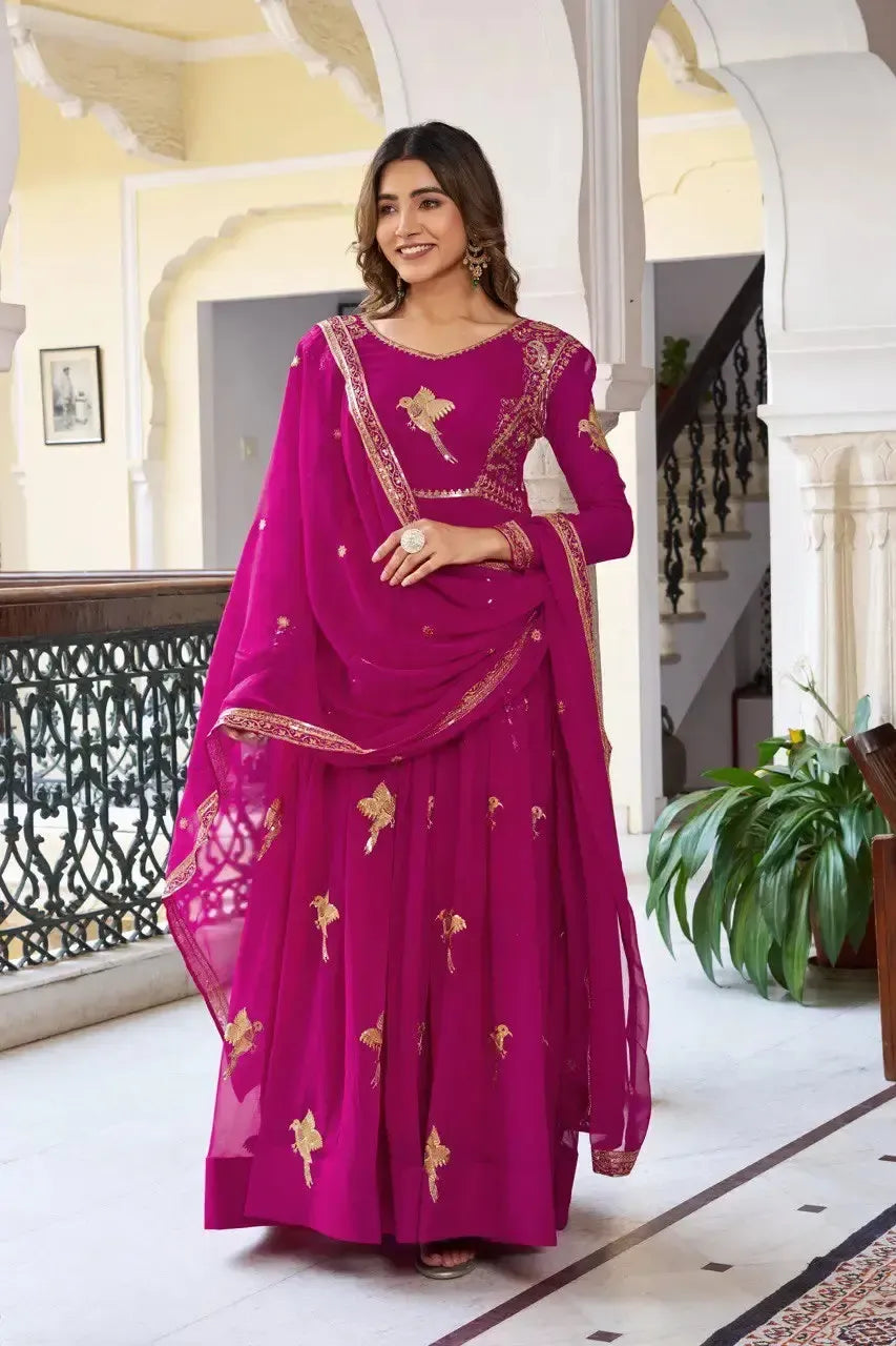 Faux Georgette Embroidered Gown Set with Pant & Dupatta