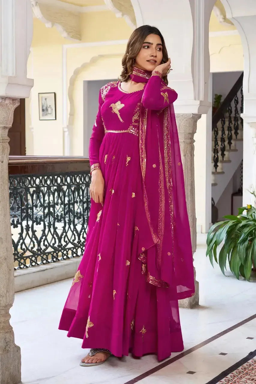 Faux Georgette Embroidered Gown Set with Pant & Dupatta