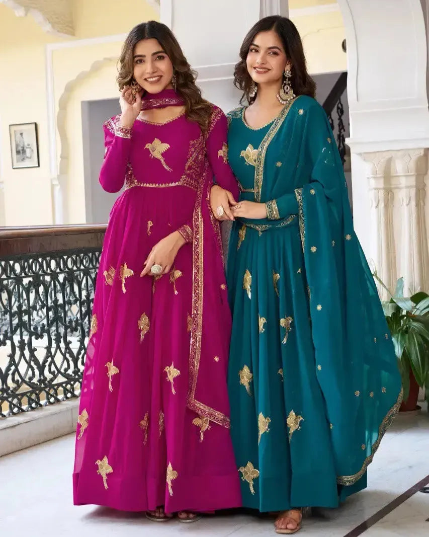 Faux Georgette Embroidered Gown Set with Pant & Dupatta