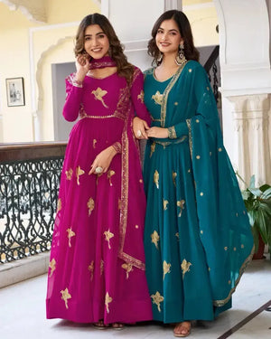 Faux Georgette Embroidered Gown Set with Pant & Dupatta