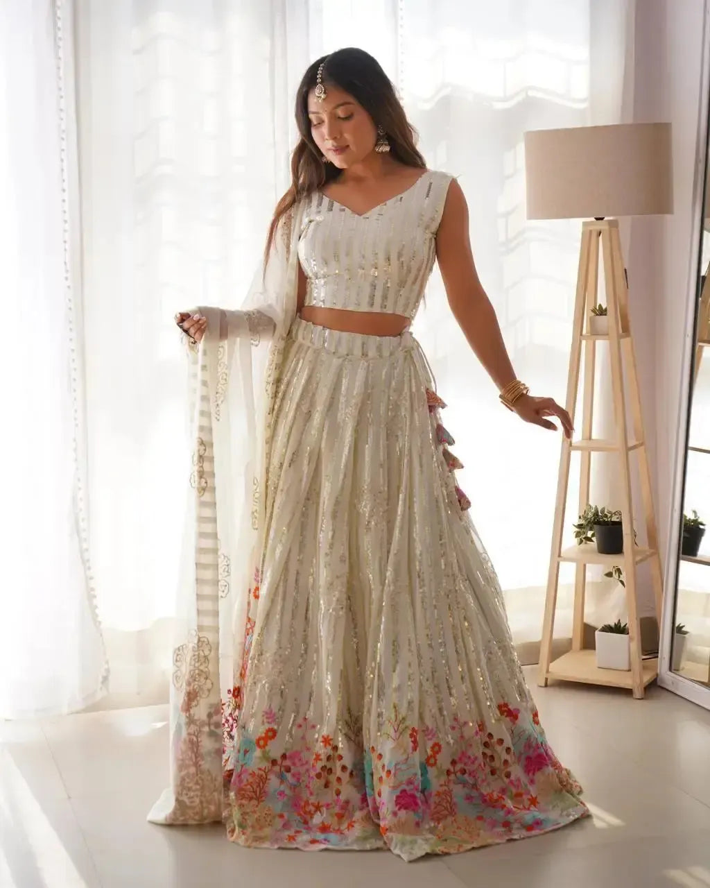 Faux Georgette Embroidered Lehenga Set with Blouse & Dupatta