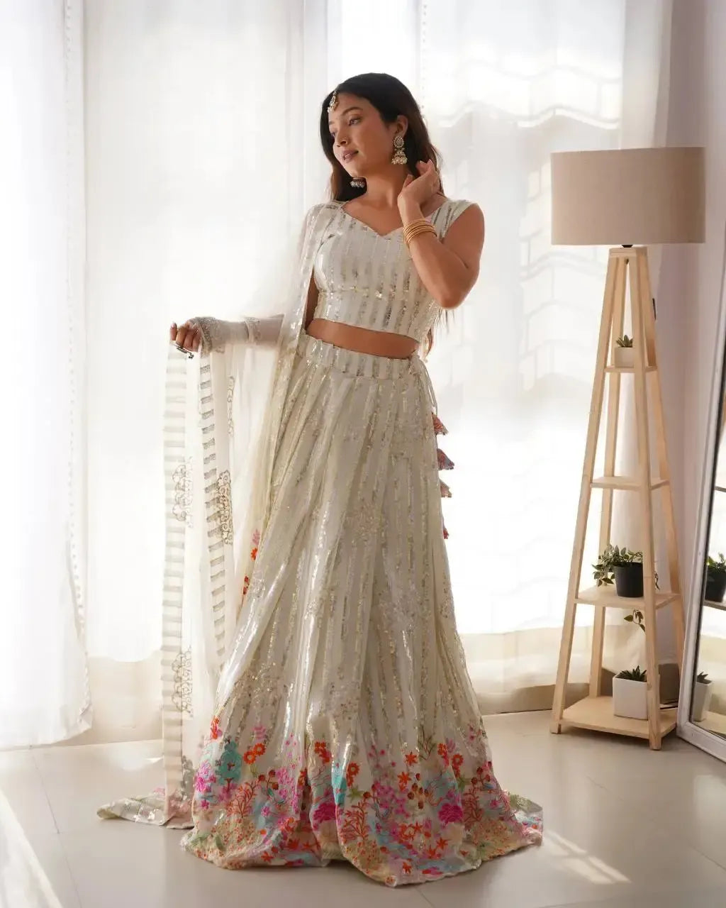 Faux Georgette Embroidered Lehenga Set with Blouse & Dupatta