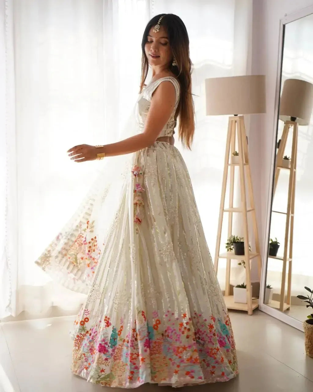 Faux Georgette Embroidered Lehenga Set with Blouse & Dupatta