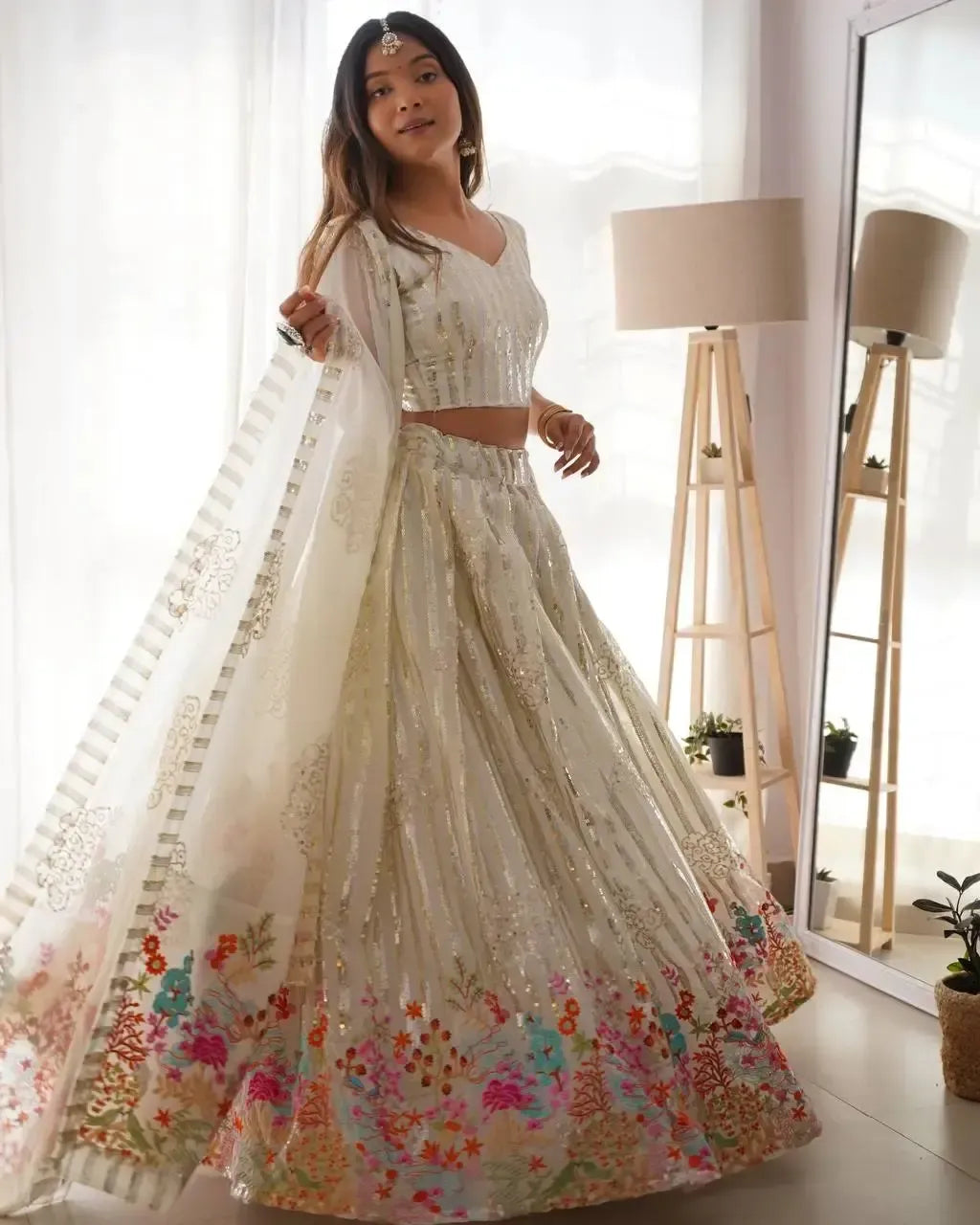 Faux Georgette Embroidered Lehenga Set with Blouse & Dupatta