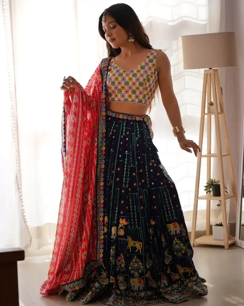 Faux Georgette Embroidered Lehenga Set with Blouse & Dupatta