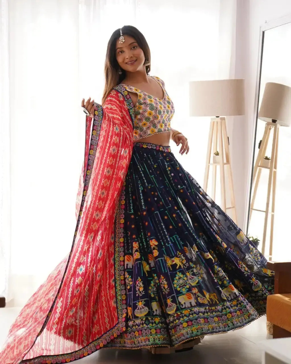 Faux Georgette Embroidered Lehenga Set with Blouse & Dupatta