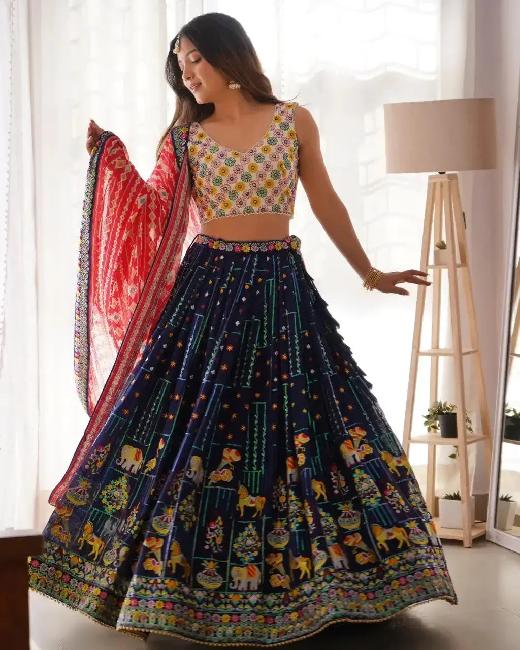 Faux Georgette Embroidered Lehenga Set with Blouse & Dupatta