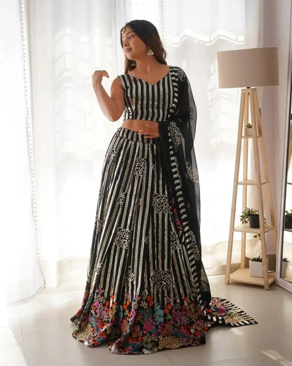 Faux Georgette Embroidered Lehenga Set with Blouse & Dupatta
