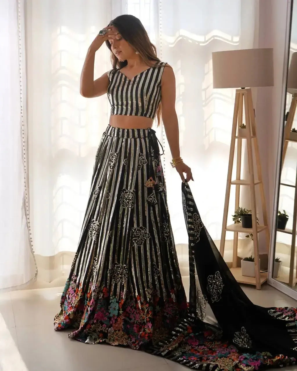 Faux Georgette Embroidered Lehenga Set with Blouse & Dupatta