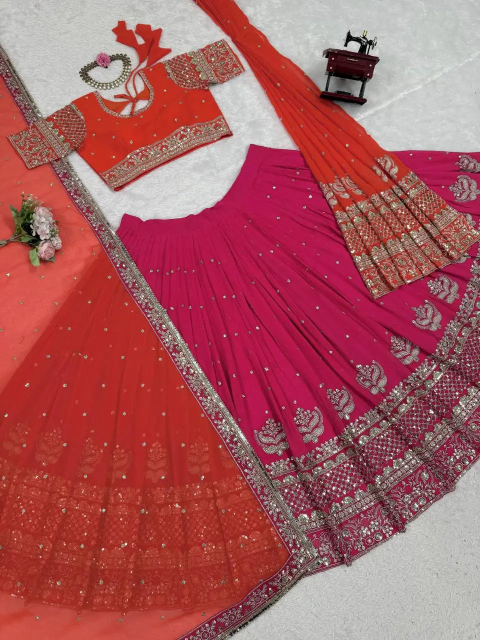 Faux Georgette Embroidered Lehenga Set with Dual Dupatta