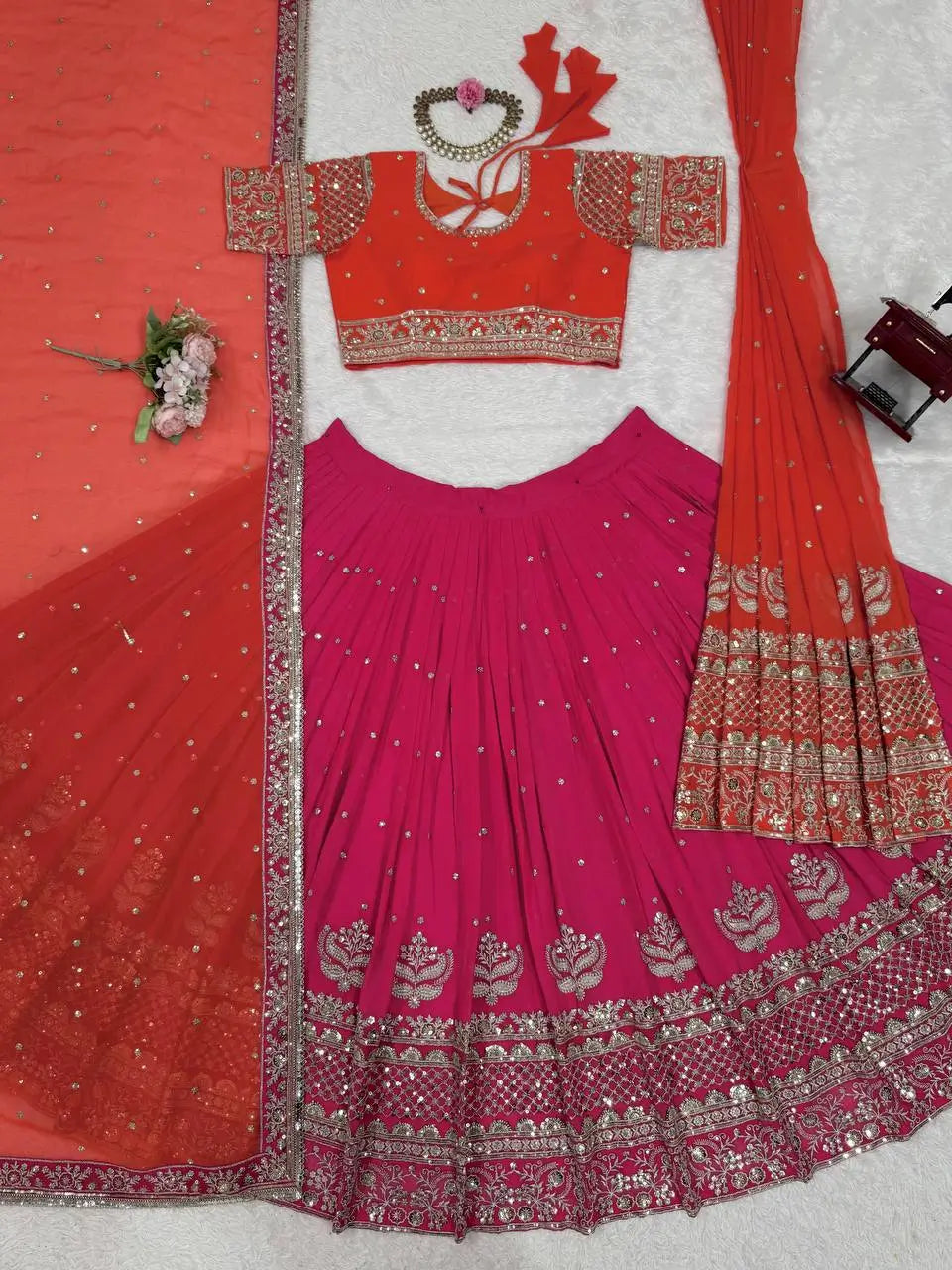 Faux Georgette Embroidered Lehenga Set with Dual Dupatta