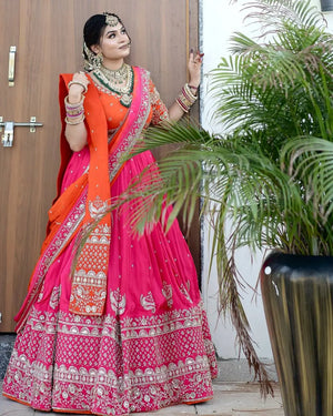 Faux Georgette Embroidered Lehenga Set with Dual Dupatta