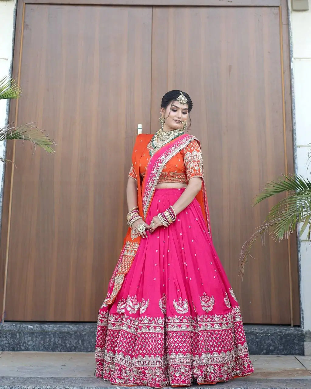 Faux Georgette Embroidered Lehenga Set with Dual Dupatta