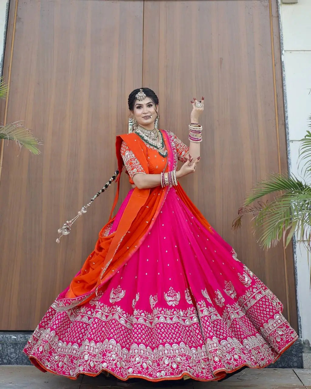 Faux Georgette Embroidered Lehenga Set with Dual Dupatta
