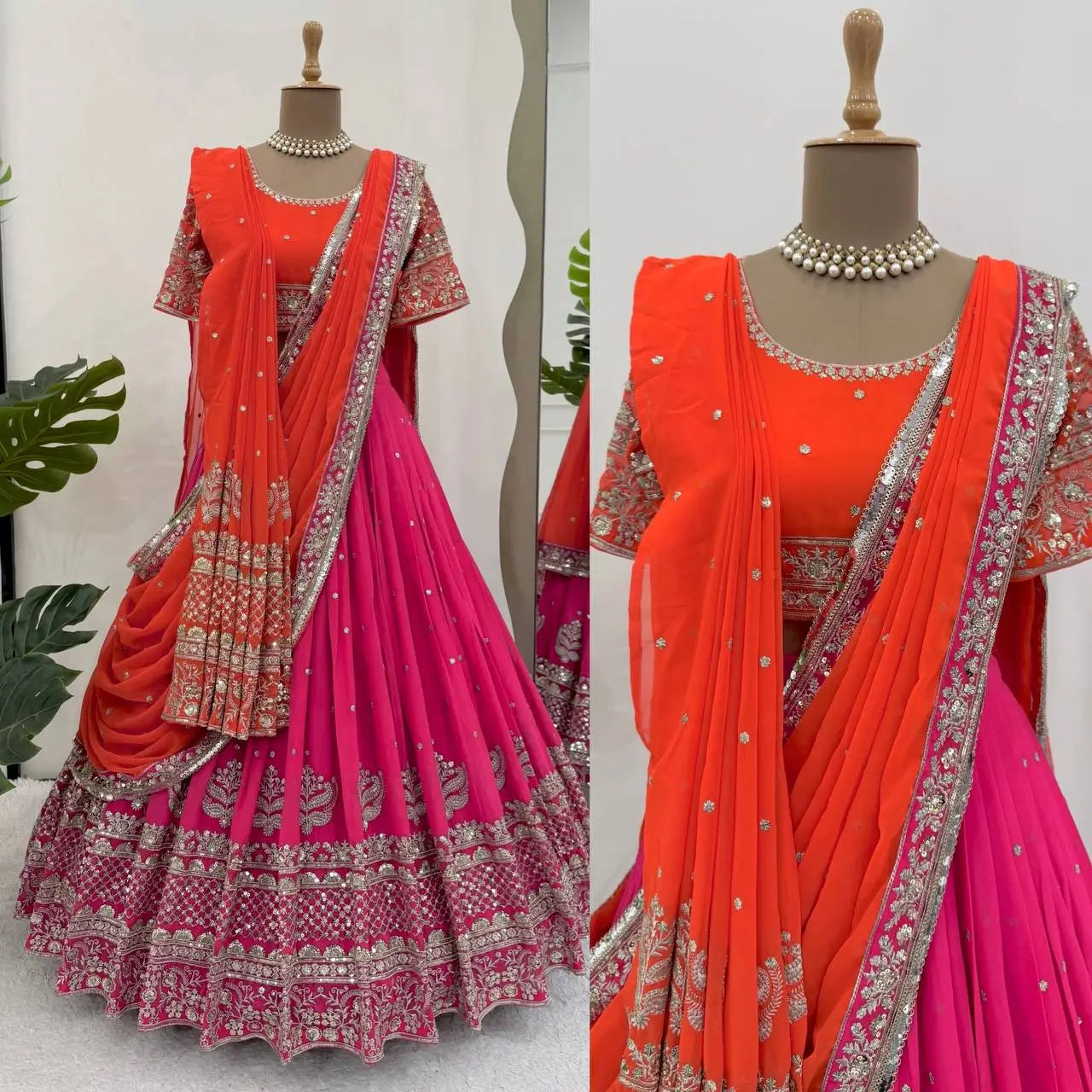 Faux Georgette Embroidered Lehenga Set with Dual Dupatta