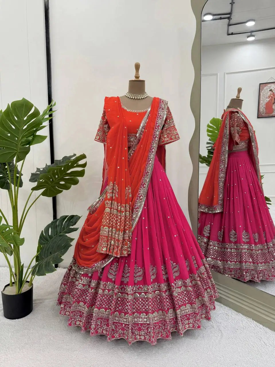 Faux Georgette Embroidered Lehenga Set with Dual Dupatta