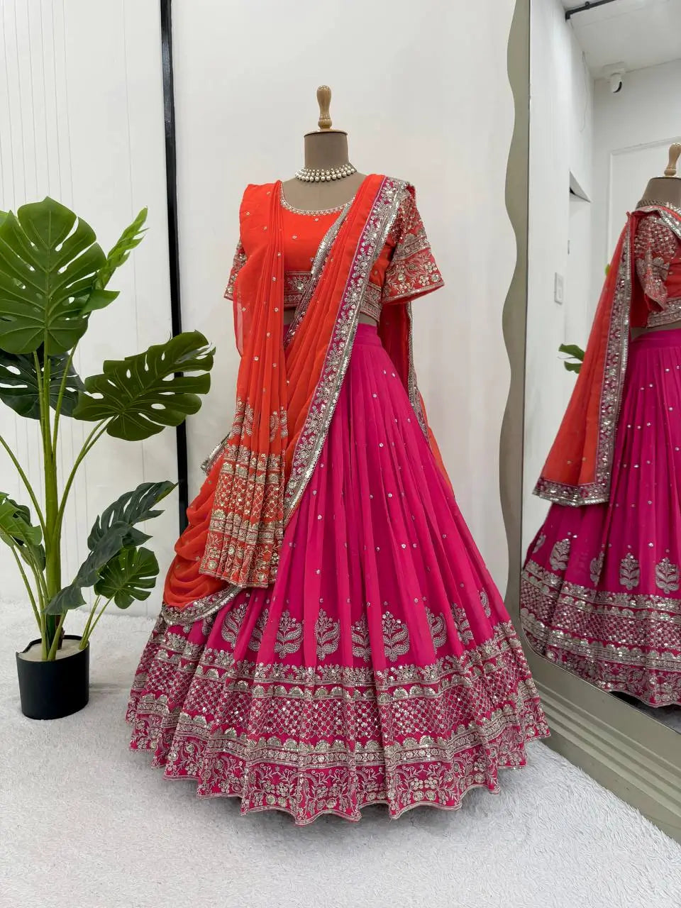 Faux Georgette Embroidered Lehenga Set with Dual Dupatta