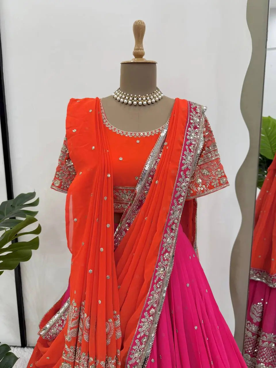 Faux Georgette Embroidered Lehenga Set with Dual Dupatta
