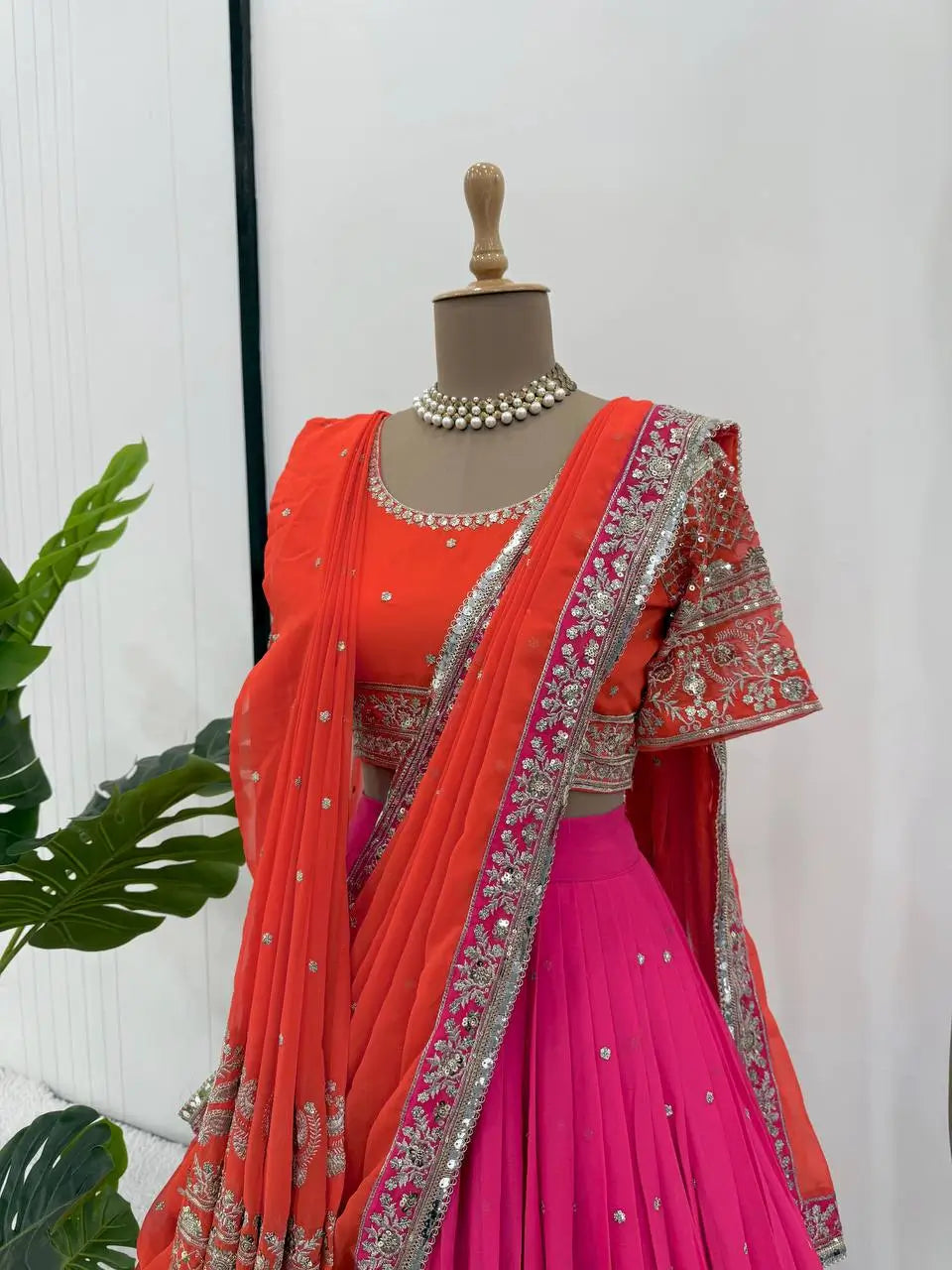 Faux Georgette Embroidered Lehenga Set with Dual Dupatta