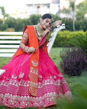Faux Georgette Embroidered Lehenga Set with Dual Dupatta