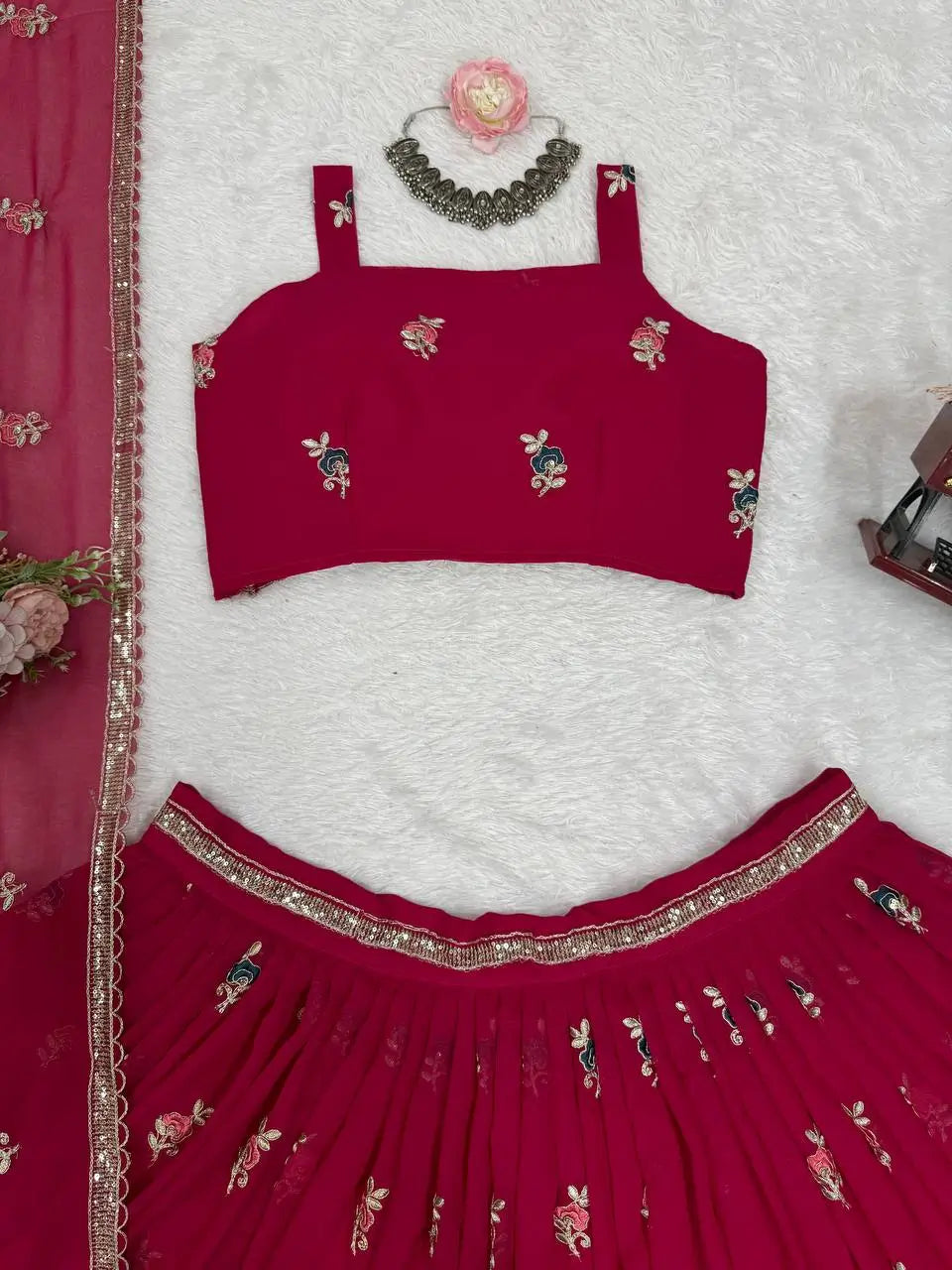 Faux Georgette Embroidered Lehenga Set with Dupatta