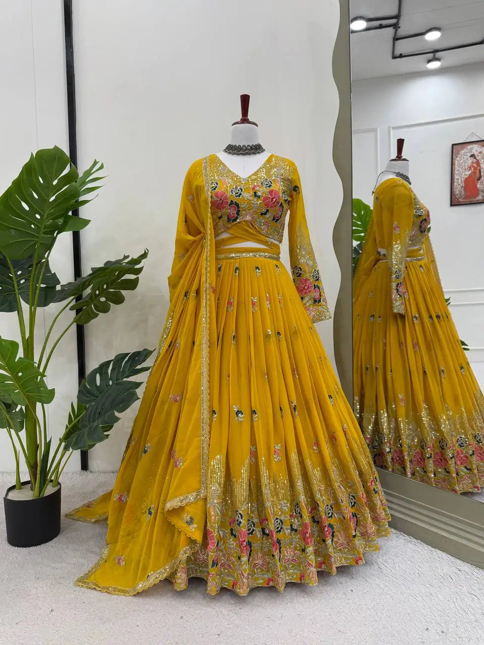 Faux Georgette Embroidered Lehenga Set with Dupatta