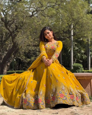 Faux Georgette Embroidered Lehenga Set with Dupatta