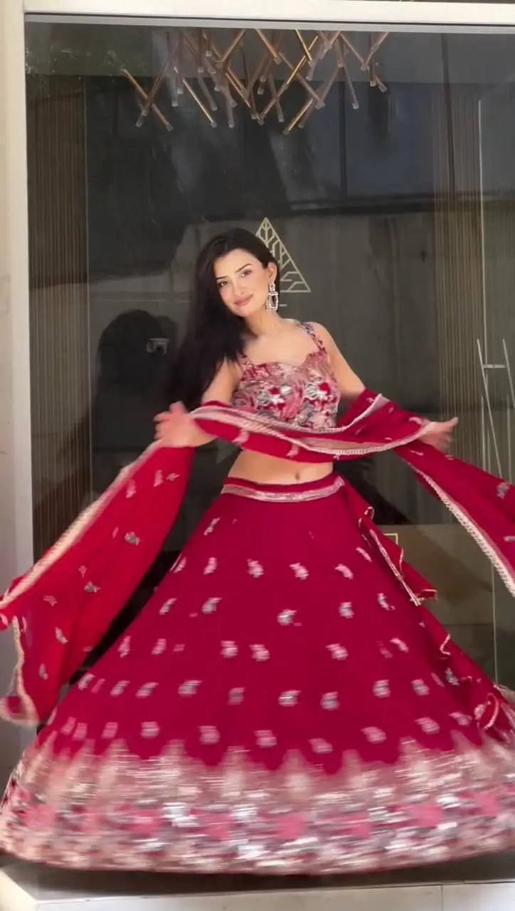 Faux Georgette Embroidered Lehenga Set with Dupatta