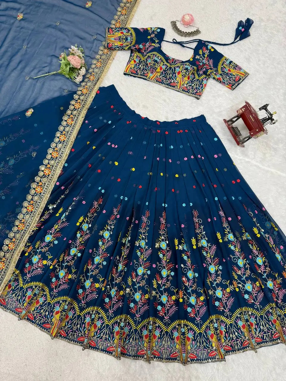 Faux Georgette Embroidered Lehenga Set with Dupatta