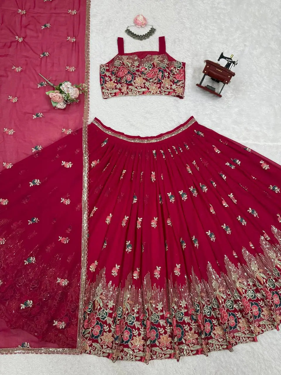 Faux Georgette Embroidered Lehenga Set with Dupatta