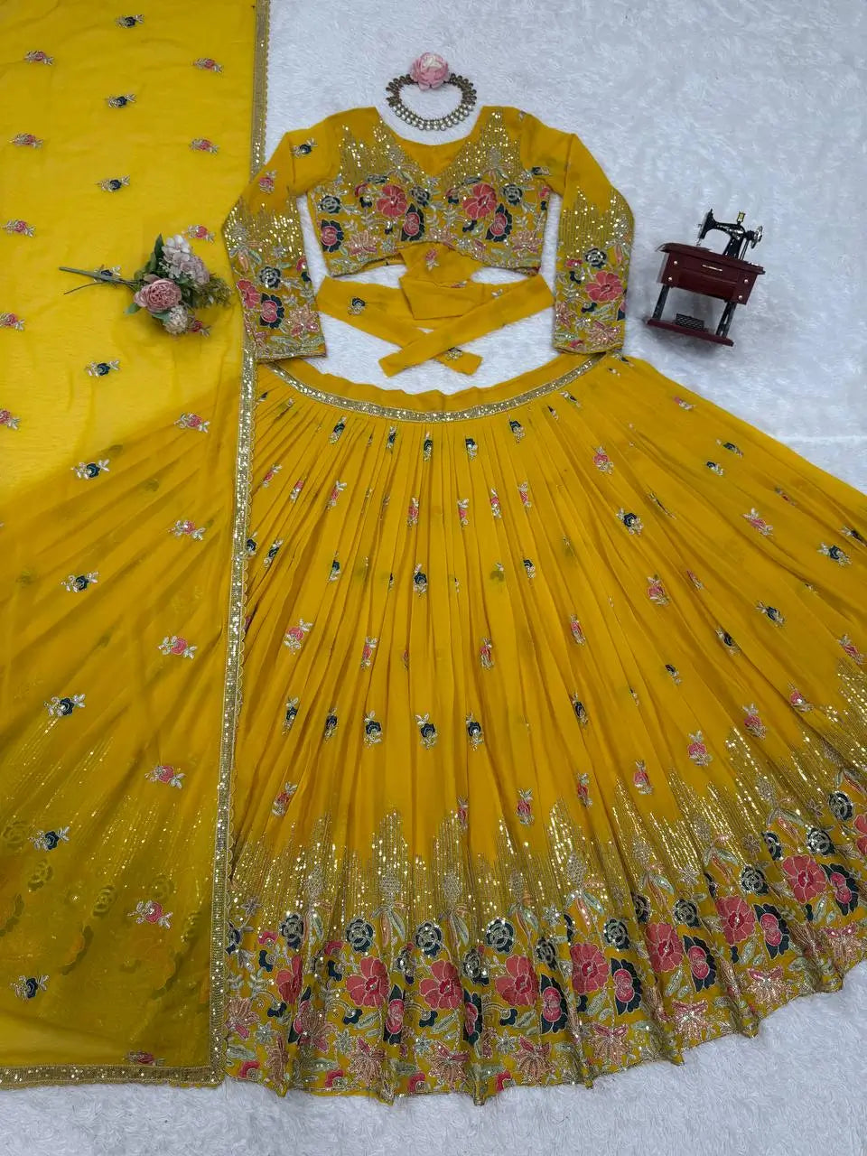 Faux Georgette Embroidered Lehenga Set with Dupatta