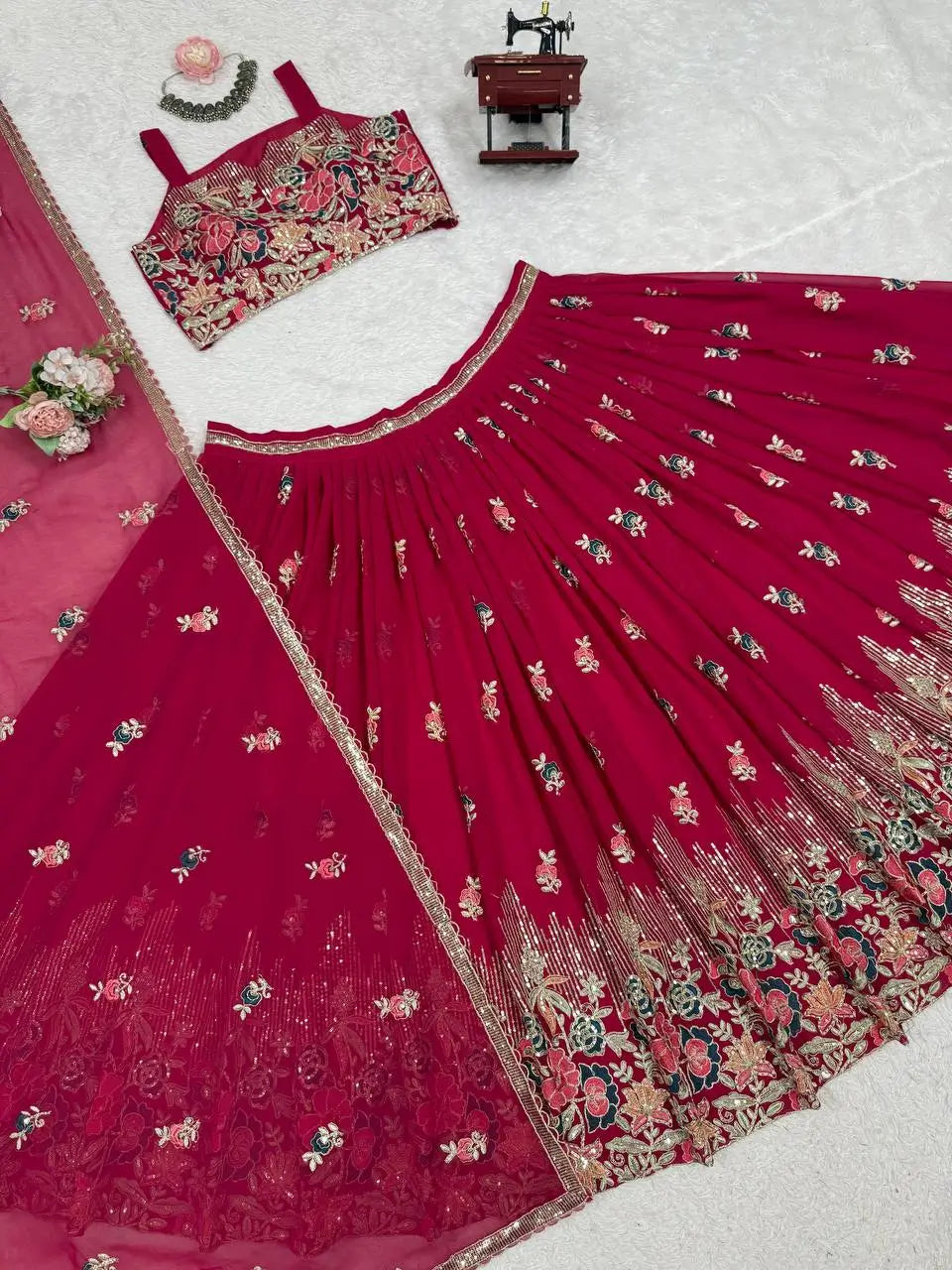 Faux Georgette Embroidered Lehenga Set with Dupatta