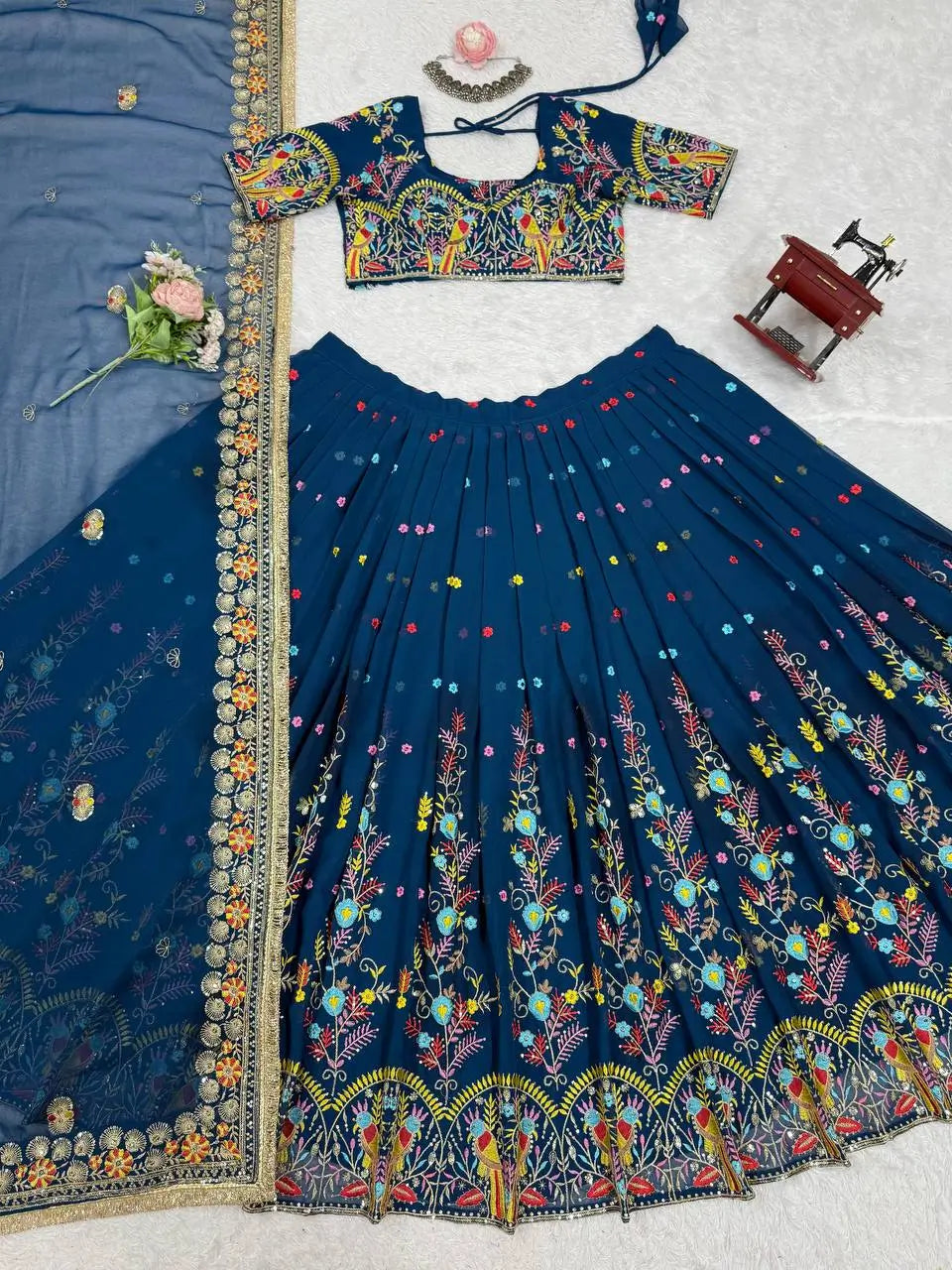 Faux Georgette Embroidered Lehenga Set with Dupatta