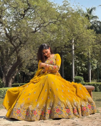 Faux Georgette Embroidered Lehenga Set with Dupatta