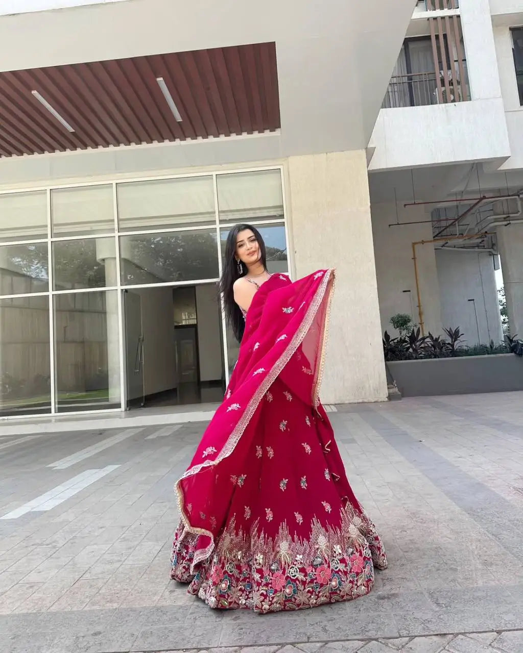 Faux Georgette Embroidered Lehenga Set with Dupatta
