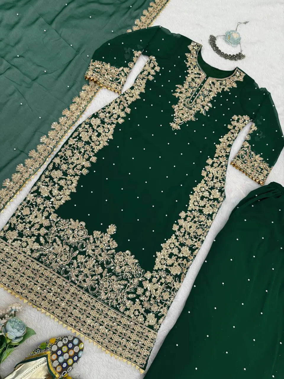 Faux Georgette Embroidered Plazo Suit with Dupatta