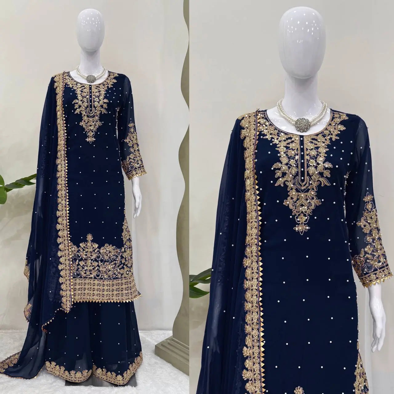 Faux Georgette Embroidered Plazo Suit with Dupatta