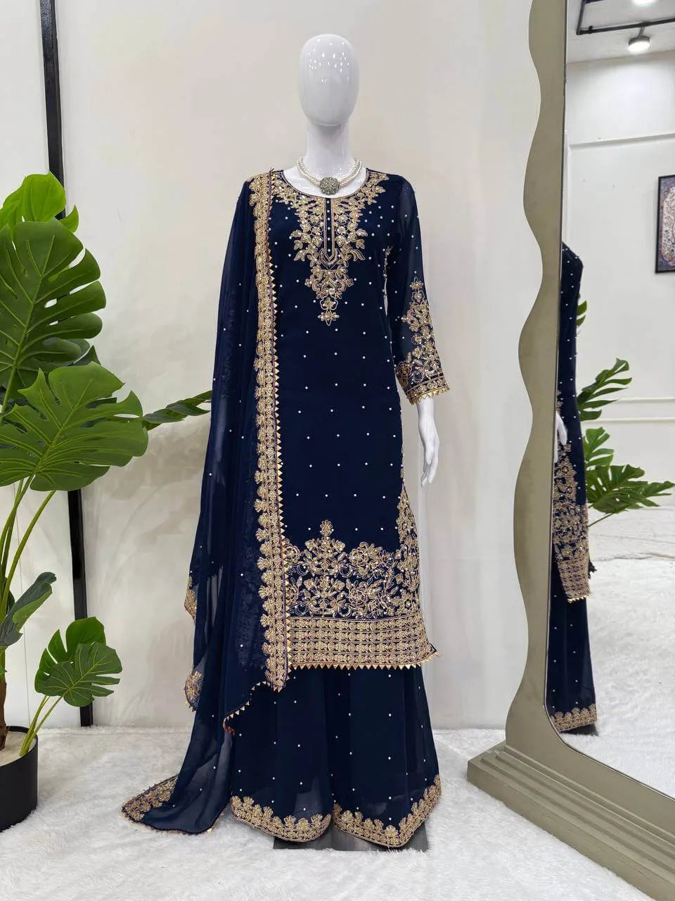 Faux Georgette Embroidered Plazo Suit with Dupatta