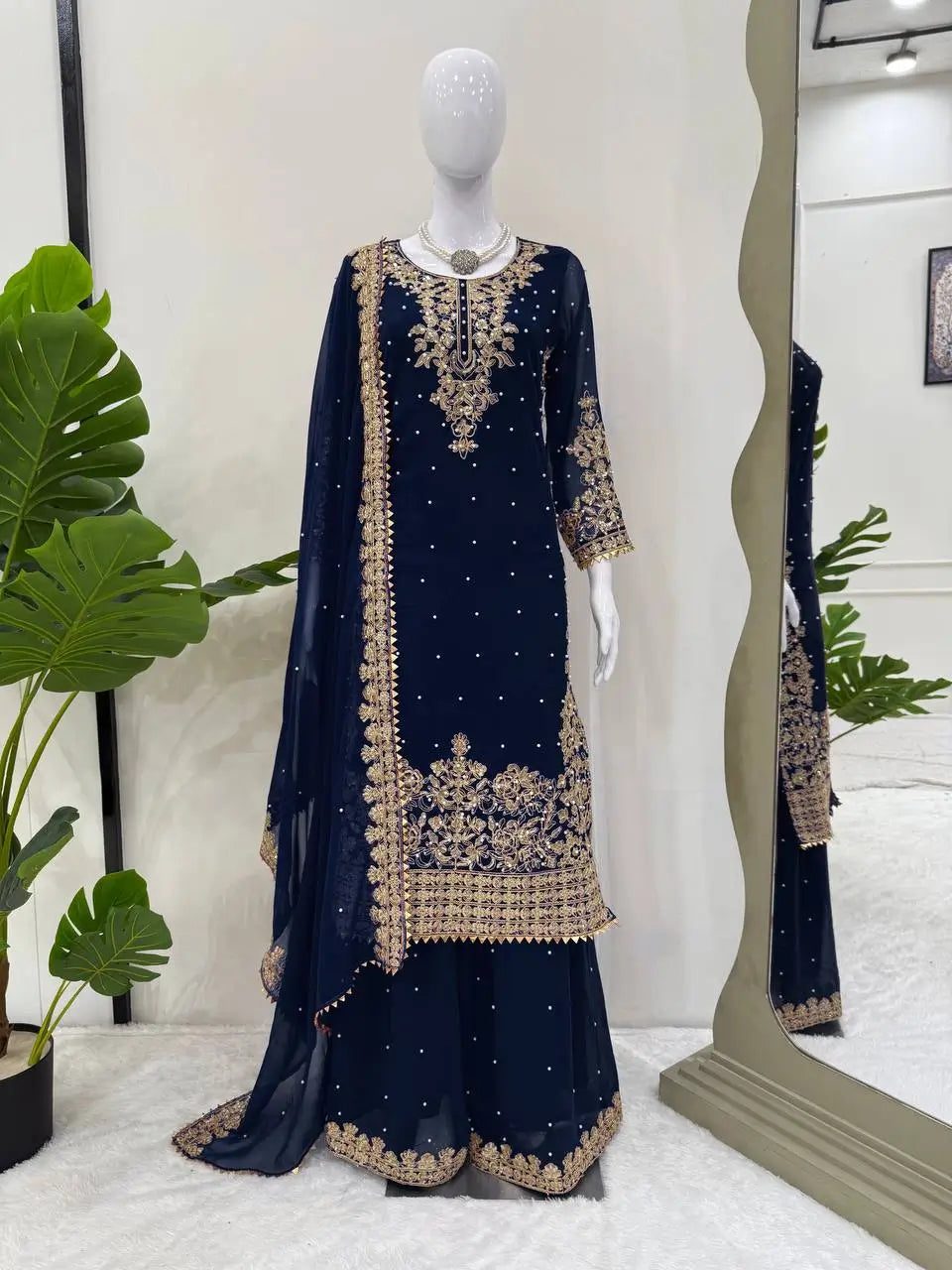 Faux Georgette Embroidered Plazo Suit with Dupatta