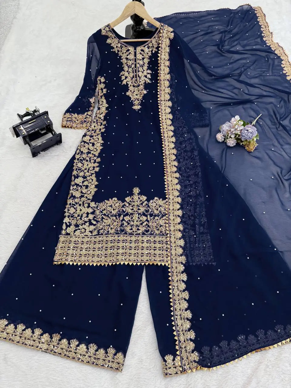 Faux Georgette Embroidered Plazo Suit with Dupatta