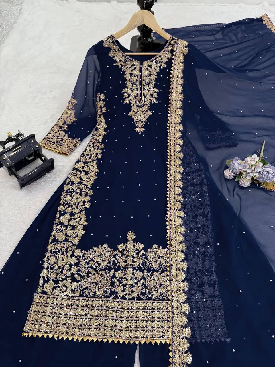 Faux Georgette Embroidered Plazo Suit with Dupatta