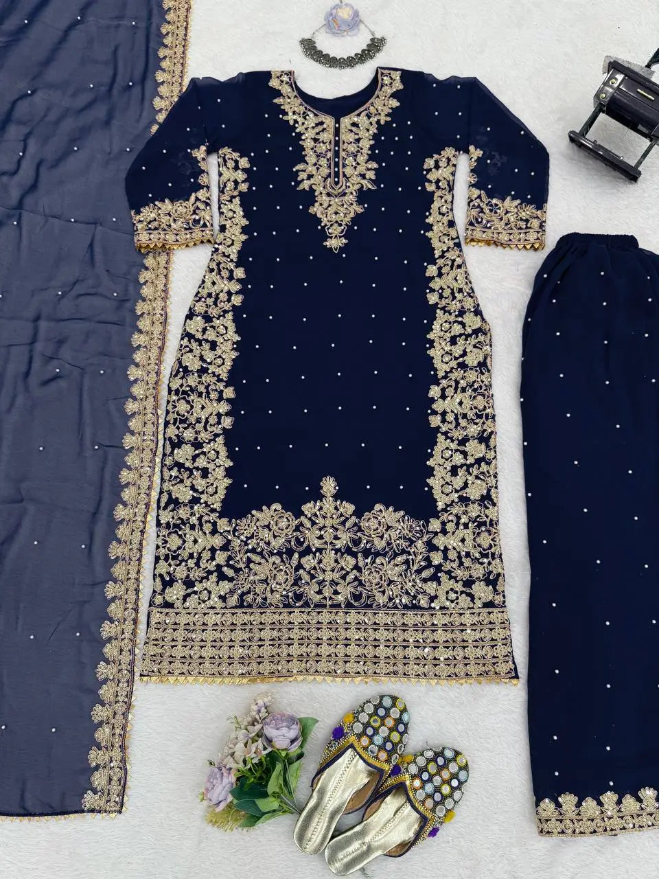 Faux Georgette Embroidered Plazo Suit with Dupatta
