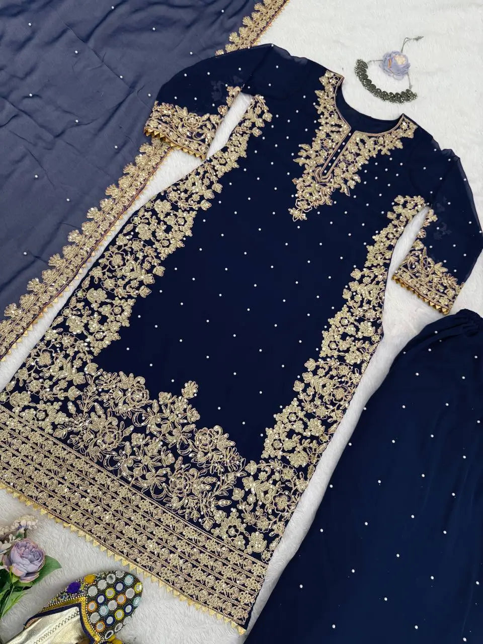 Faux Georgette Embroidered Plazo Suit with Dupatta