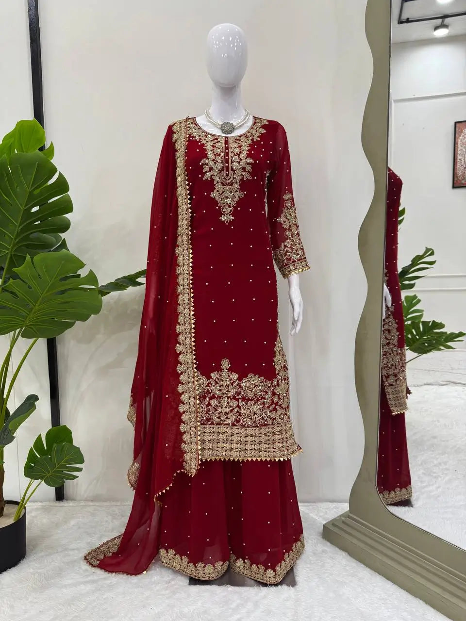 Faux Georgette Embroidered Plazo Suit with Dupatta